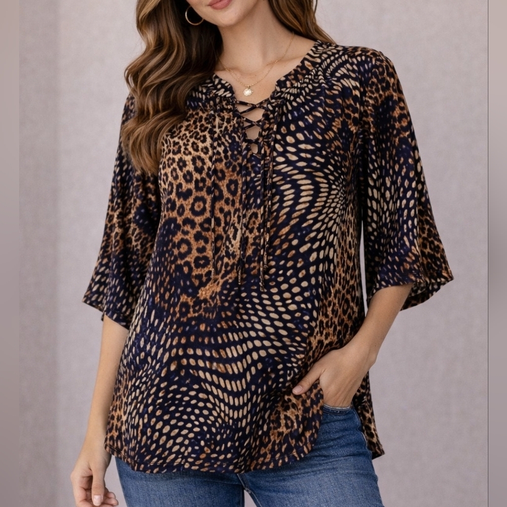 VENINI 1990s Navy Blue Loud Mixed Leopard Print Lace-up Tunic